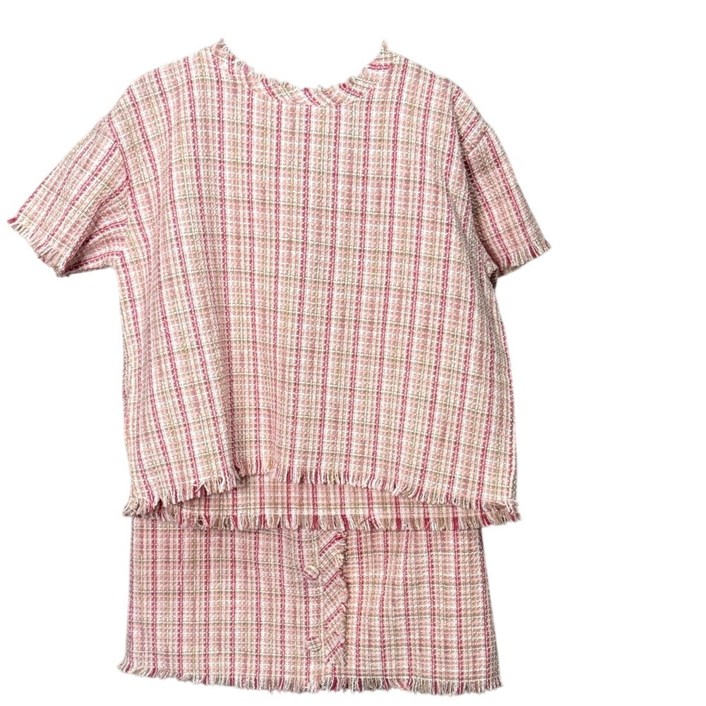 Lena Pink Tweed Set Fringe‎ Trim Top and Skirt Medium Casual Chic